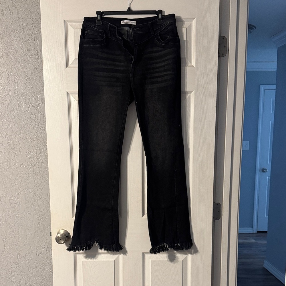 KanCan Dark Flare Jeans with Frayed Hem
